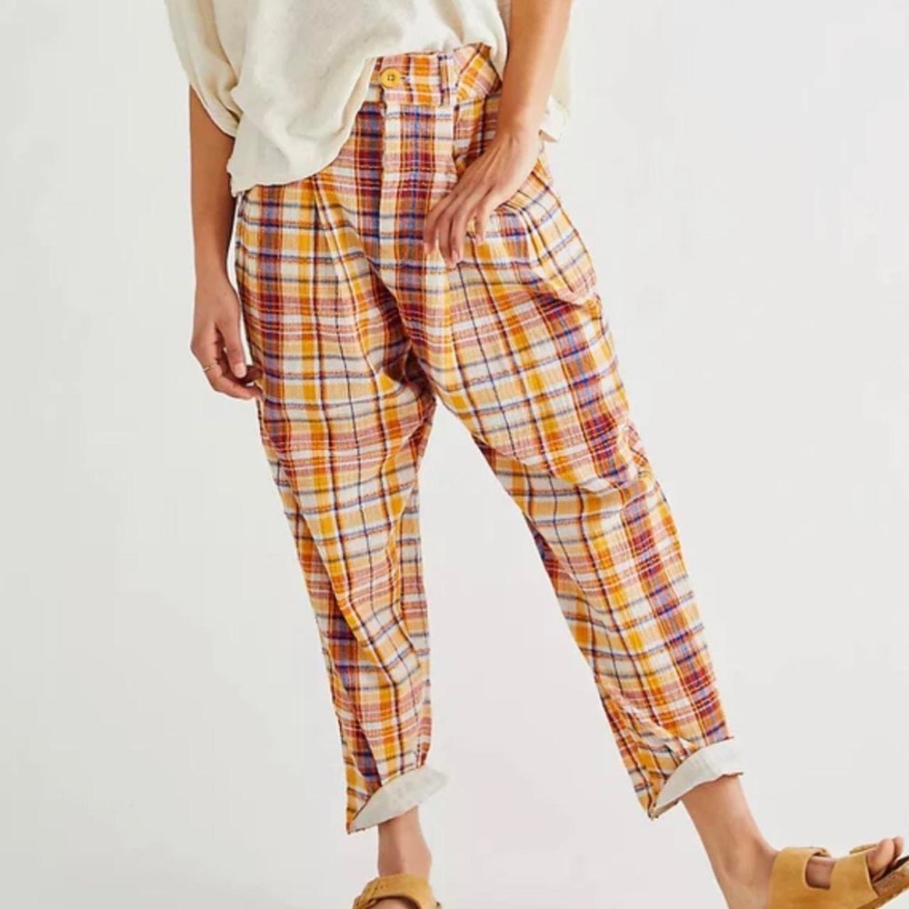 Free People Women's Yellow and Orange Plaid Trousers Small